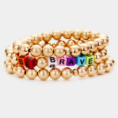 Fashnzfab 3pcs - Be Brave Metal Ball Stretch Bracelets Worn Gold In Multi