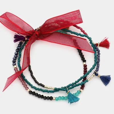 Fashnzfab 3pcs - Beaded Tiny Tassel Station Stretch Bracelets Gold, Multi