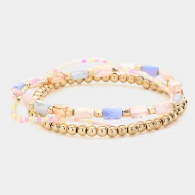 Fashnzfab 3pcs - Beads Multi Layered Stretch Bracelets Gold, Multi