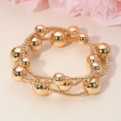 Fashnzfab 3pcs - Bold Metal Ball Beaded Stretch Multi Layered Bracelets 1.25" H In Gold