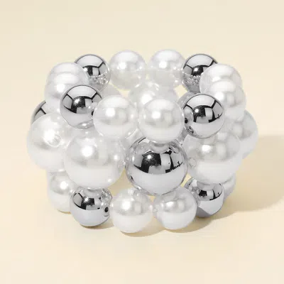 Fashnzfab 3pcs - Bold Pearl Metal Ball Beaded Stretch Multi Layered Bracelets In White