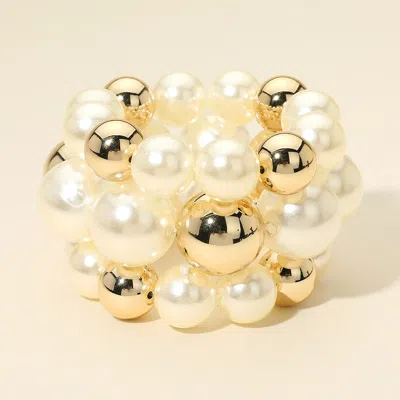 Fashnzfab 3pcs - Bold Pearl Metal Ball Beaded Stretch Multi Layered Bracelets In Gold