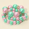 Fashnzfab 3pcs - Bold Pearl Rhinestone Ball Beaded Multi Layered Bracelets Pink & Green In Multi
