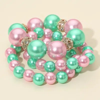 Fashnzfab 3pcs - Bold Pearl Rhinestone Ball Beaded Multi Layered Bracelets Pink & Green