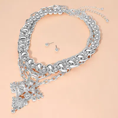 Fashnzfab 3pcs - Bold Rhinestone Embellished Flower Pendant Chunky Chain Layered Necklaces In Metallic