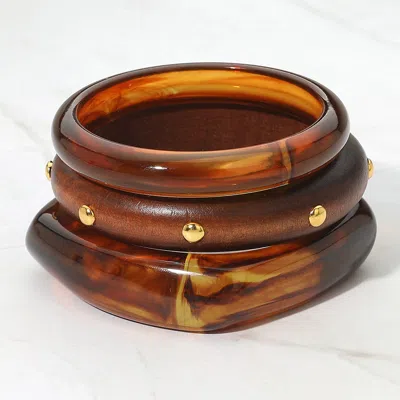 Fashnzfab 3pcs - Bold Stud Accent Wooden Resin Bangle Multi Layered Bracelets In Brown