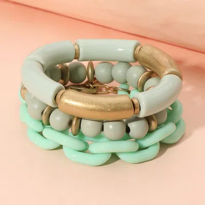 Fashnzfab 3pcs - Bold Wooden Mixed Beaded Stretch Resin Link Multi Layered Bracelets - Mint In Green