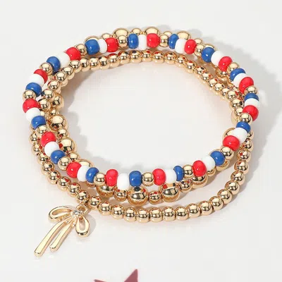 Fashnzfab 3pcs - Bow Charm Patriotic Beads Metal Ball Beaded Stretch Multi Layered Bracelets