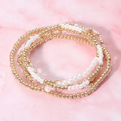 Fashnzfab 3pcs - Bow Charm Pearl Floral Ceramic Ball Beaded Stretch Multi Layered Bracelets
