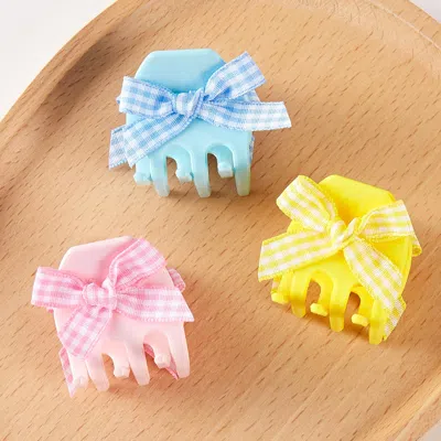 Fashnzfab 3pcs - Checkered Printed Bow Point Hair Claw Clips In Multi