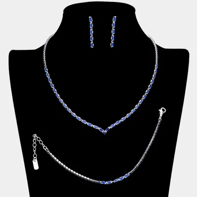 Fashnzfab 3pcs - Chevron Accented Rectangle Stone Necklace Jewelry Set In Blue