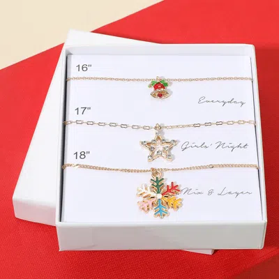 Fashnzfab 3pcs - Christmas Bell Open Star Snowflake Pendant Necklace Set In Red
