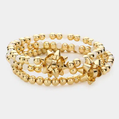 Fashnzfab 3pcs - Christmas Gift Bow Accented Metal Ball Stretch Bracelets In Gold