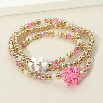 Fashnzfab 3pcs - Christmas Gift Bow Accented Metal Ball Stretch Bracelets Multi, Pink