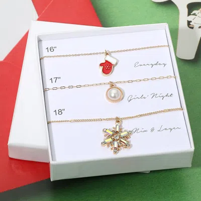 Fashnzfab 3pcs - Christmas Mitten Pearl Snowflake Pendant Necklace Set In Red