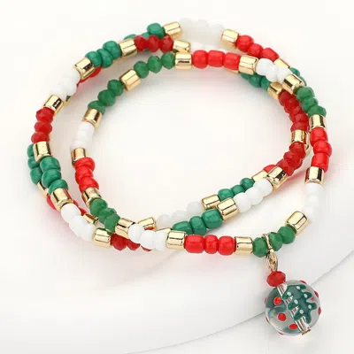 Fashnzfab 3pcs - Christmas Tree Ball Charm Beaded Stretch Multi Layered Bracelets