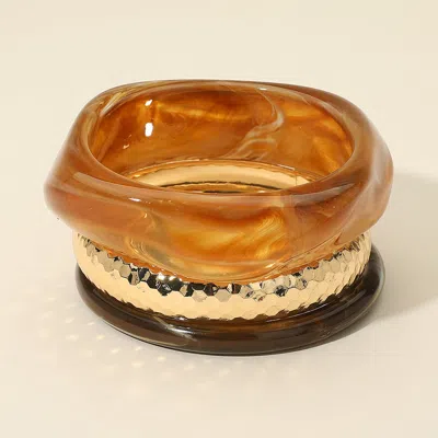 Fashnzfab 3pcs - Chunky Abstract Resin Hammered Metal Bangle Multi Layered Bracelets In Gold