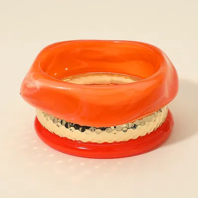 Fashnzfab 3pcs - Chunky Abstract Resin Hammered Metal Bangle Multi Layered Bracelets In Orange