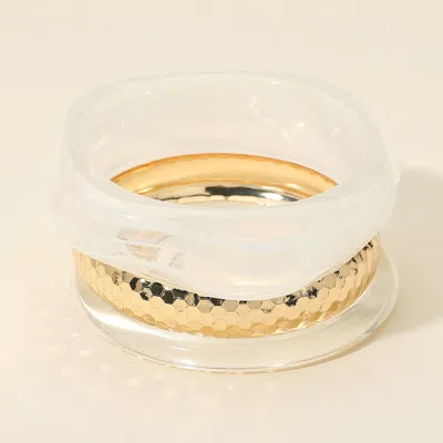 Fashnzfab 3pcs - Chunky Abstract Resin Hammered Metal Bangle Multi Layered Bracelets In Silver