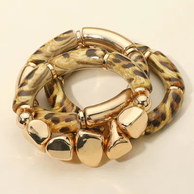 Fashnzfab 3pcs - Chunky Leopard Printed Resin Bar Metal Pebble Beaded Stretch Multi Layered Bracelets In Gold