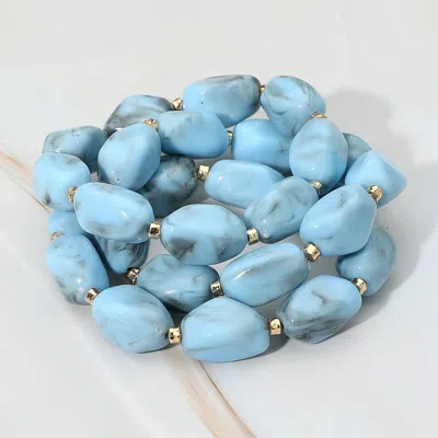 Fashnzfab 3pcs - Chunky Marbled Pebble Beaded Stretch Multi Layered Bracelets In Blue
