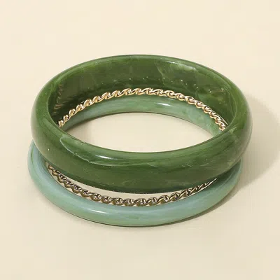 Fashnzfab 3pcs - Chunky Marbled Resin Twisted Metal Bangle Multi Layered Bracelets In Green