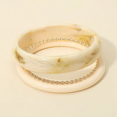 Fashnzfab 3pcs - Chunky Marbled Resin Twisted Metal Bangle Multi Layered Bracelets In Silver