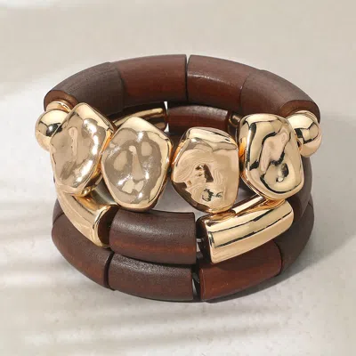 Fashnzfab 3pcs - Chunky Metal Wood Beaded Stretch Multi Layered Bracelets Brown, Gold