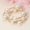 Fashnzfab 3pcs - Chunky Pearl Accent Metal Ball Beaded Stretch Multi Layered Bracelets Cream, Gold In Multi
