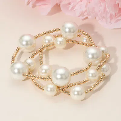 Fashnzfab 3pcs - Chunky Pearl Accent Metal Ball Beaded Stretch Multi Layered Bracelets Cream, Gold