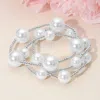 Fashnzfab 3pcs - Chunky Pearl Accent Metal Ball Beaded Stretch Multi Layered Bracelets Rhodium, White In Multi