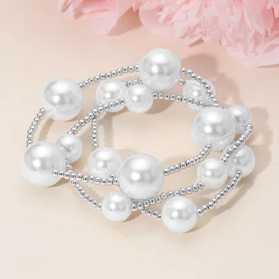 Fashnzfab 3pcs - Chunky Pearl Accent Metal Ball Beaded Stretch Multi Layered Bracelets Rhodium, White