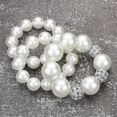 Fashnzfab 3pcs - Chunky Pearl Ball Beaded Stretch Multi Layered Bracelets Rhodium, White