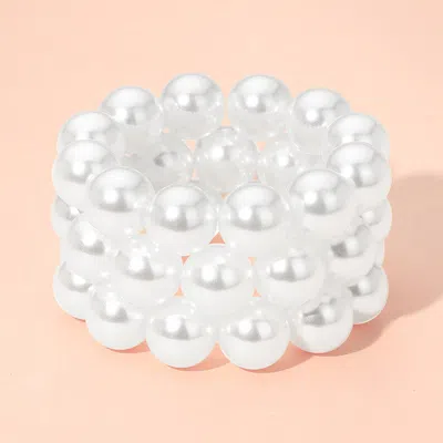 Fashnzfab 3pcs - Chunky Pearl Beaded Stretch Multi Layered Bracelets In White