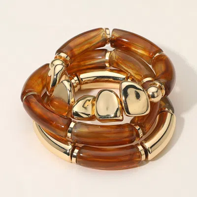 Fashnzfab 3pcs - Chunky Resin Metal Stretch Multi Layered Bracelets In Brown