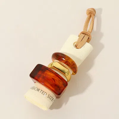 Fashnzfab 3pcs - Chunky Resin Mixed Shape Ring Set - Brown, Gold