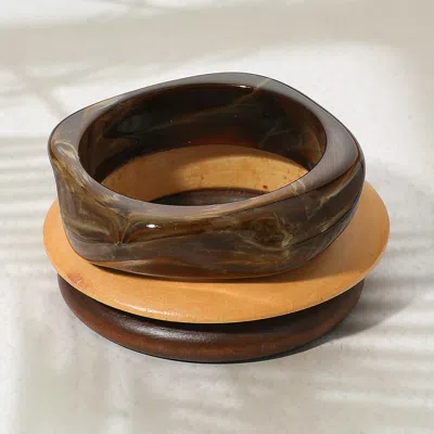 Fashnzfab 3pcs - Chunky Resin Wooden Stackable Bangle Bracelets Dark Brown, Neutral In Multi