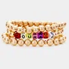 Fashnzfab 3pcs - Courage Metal Ball Stretch Bracelets Worn Gold In Multi