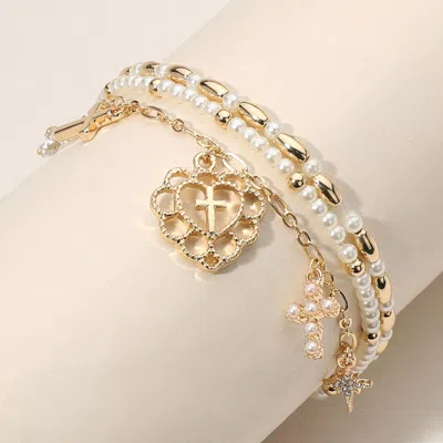 Fashnzfab 3pcs - Cross Charm Pearl Beaded Stretch Multi Layered Bracelets