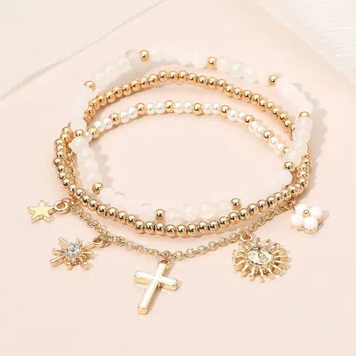 Fashnzfab 3pcs - Cross Flower Star Sunburst Charm Pearl Metal Ball Faceted Beaded Stretch Multi Layered Bracel