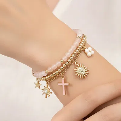 Fashnzfab 3pcs - Cross Flower Star Sunburst Charm Pearl Metal Ball Faceted Beaded Stretch Multi Layered Bracel