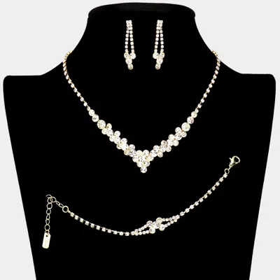 Fashnzfab 3pcs - Crystal Rhinestone Bubble Necklace Jewelry Set In Gold