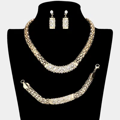 Fashnzfab 3pcs - Crystal Rhinestone Metal Mesh Necklace Jewelry Set 16" + 3" L In Gold