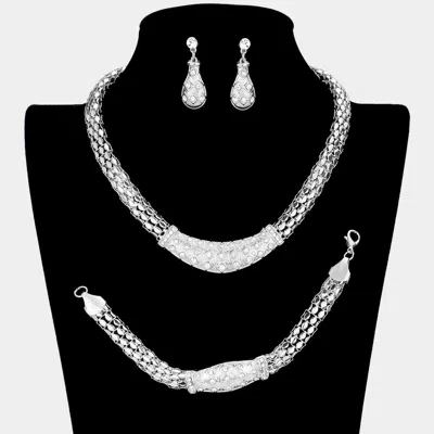 Fashnzfab 3pcs - Crystal Rhinestone Metal Mesh Necklace Jewelry Set In Silver