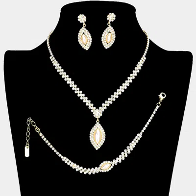 Fashnzfab 3pcs - Crystal Rhinestone Oval Pearl Dangle Necklace Jewelry Set In Metallic