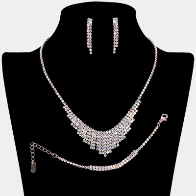 Fashnzfab 3pcs - Crystal Rhinestone Pave Fringe Necklace Jewelry Set In Multi