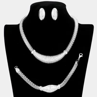 Fashnzfab 3pcs - Crystal Rhinestone Pave Mesh Metal Necklace Jewelry Set In Metallic