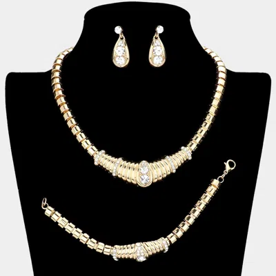 Fashnzfab 3pcs - Crystal Rhinestone Pave Metal Evening Necklace Set In Gold