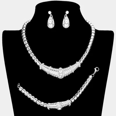 Fashnzfab 3pcs - Crystal Rhinestone Pave Metal Evening Necklace Set In Metallic