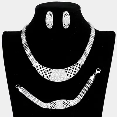Fashnzfab 3pcs - Crystal Rhinestone Pave Metal Mesh Necklace Jewelry Set In Silver